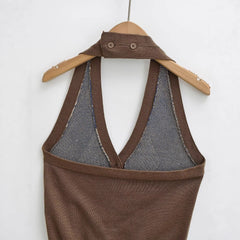 LIZAKOSHT - Women's Knit Vest Halter Backless V Neck Tank Top Slimming Color Block Vest Tops