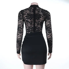 LIZAKOSHT - Twist Patchwork See Through Lace Bodycon Mini Dress Women Autumn O Neck Long Sleeve Ruched Slim Night Clubwear Party Dresses