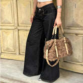 LIZAKOSHT - Retro Black Loose Wide Leg Denim Jeans Women's All-Match Low Waist Trousers Y2K Streetwear Denim Trousers Casual Outfit