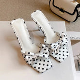 LIZAKOSHT - Summer Women Satin Butterfly-knot Polka Dot Slippers Sexy Stiletto Heel Dress Shoes Elegant Banquet Stripper Party Slides Shoes