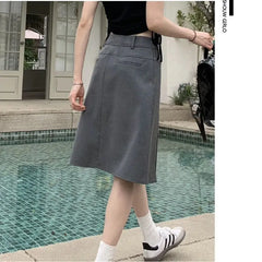LIZAKOSHT - pleated skirt high quality Reversible high waist preppy Fashion Gray plus size Skirt for Women 2024 Summer New suit midi skirt
