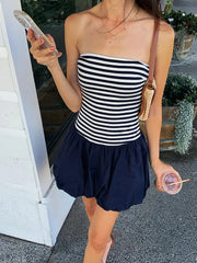 LIZAKOSHT  -  Backless Simple Chic Sweet Mini Dress, Women Summer Striped Patchwork Fashion Party Dress, New Sleeveless Strapless Ladies Dress