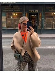 LIZAKOSHT - Women V-neck Khaki Thicken Wool Jacket Autumn Winter Chic Loose Blend Coat Female Streetwear Warm Outfit Coats for Women