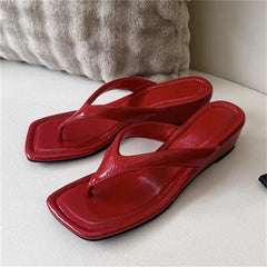 LIZAKOSHT - Woman Slippers Summer Square Clip Toe Wedges Low Heels Outdoor Shoes Fashion Flip Flops Zapatos De Mujer