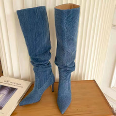LIZAKOSHT - Pleated High Heels Denim Boots for Women Autumn Jeans Knee High Cowboy Boots Woman Blue Thin Heeled Long Botas Feminina