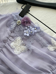 LIZAKOSHT - Women's Purple Flower Butterfly Dress Y2K French Casual Elegant Aesthetics 2000s Style Cute Party Retro Dress Clothing 2025 New