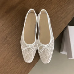 LIZAKOSHT - Summer Mesh Lace Shoes Women Fashion Sandals Flat Luxury Brand Butterfly-Knot Breathable Square Toe Slip-on Flat Female Shoes