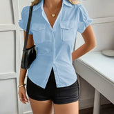 LIZAKOSHT - 2026 Spring and Summer Y2K Spice Girl Style Solid Color Short-sleeved Women's Button-up Shirt