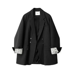 LIZAKOSHT - Women Double-breasted Blazers Elegant Lace Patchwork Cuffs Design Large Lapel Jacket Versatile Office Casual Loose Outer Coats