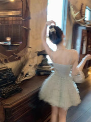 LIZAKOSHT  -  Korean Fashion Bow Tie Mini Birthday Dress Vintage Sweet Cute Princess Dress Women Short Ruffles Wedding Evening Party Vestidos