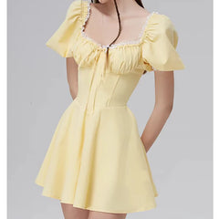 LIZAKOSHT  -  Sweet Women Lace Trim Yellow Dress Vintage Puff Sleeve Ladies A-line Mini Summer Dresses Lacing Up Robe