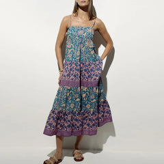 LIZAKOSHT - Vintage Backless Spaghetti Strap Dress Fashion Hight Waist Loose Party Dress Sexy Sleeveless Floral Printed Women's Long Dresses