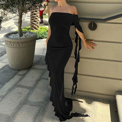 LIZAKOSHT - Summer Newly Irregular Ruffle Fringe Party Off Shoulder Dress Elegant One Sleeve Slim Hip Package Lady Split Vacation Robes