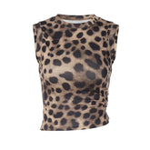 LIZAKOSHT - Hot Girls Y2K Irregular Vest Sexy Casual Street Club Crew Neck Sleeveless Leopard Print Skinny Trendy Folds Short Tank Tops