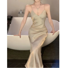 LIZAKOSHT - New Sexy Moonlight Fishtail Skirt Fashion V Neck Elegent Long Dress Summer Suspender Strap Backless Chic Evening Party Dress