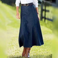 LIZAKOSHT - Denim Skirts for Women Vintage Basics Long Skirt Stretch Washed Distressed Zipper Female Spring Summer Streetwear A Line