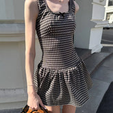 LIZAKOSHT  -  Women 2025 Square Collar Low Waist Sleeveless Summer Plaid Pattern A-line Mini Dress Sweet Girl's Street Party Vestidos