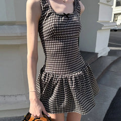LIZAKOSHT  -  Women 2025 Square Collar Low Waist Sleeveless Summer Plaid Pattern A-line Mini Dress Sweet Girl's Street Party Vestidos