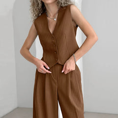 LIZAKOSHT - Office Lady Summer Striped Solid V Neck Buttons Sleeveless T-shirt and High Waist Wide Leg Pants Two Piece Sets For Women
