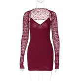 LIZAKOSHT - Sexy Charming Lace See-through Long Sleeve Cardigan Tops+Spaghetti strap V-neck Skinny Mini Dress Fashion Party 2Pcs Outfit