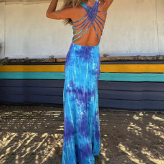 LIZAKOSHT - Elegant New Slim Retro Holiday Female Dress 2024 Summer Graphic Cross Backless Party Dress Sexy U Neck Sleeveless Long Dress