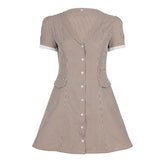 LIZAKOSHT - Women's Plaid Contrast A-line Mini Dress Casual Short Sleeve V Neck Vintage Short Dresses New Casual Female Chic Vestidos