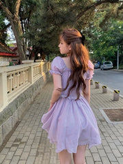 LIZAKOSHT - Summer Women Purple Mini Dress Female Puff Sleeve Lace Up A-line Dress Lady Square Collar Y2k Korean Dress