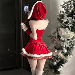  LIZAKOSHT - Women Christmas Costume Set Spaghetti Strap Velvet Mini Dress with Hood Gloves Lace Up Belt Xmas Festival Party Cosplay Outfit