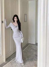 Lizakosht Sexy Women Off Shoulder Evening Party Dress  Elegant Long Sleeve Bodycon Lady Solid Maxi Dresses French Floral Vestidos Robe