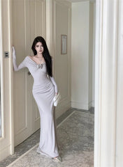 Lizakosht Sexy Women Off Shoulder Evening Party Dress  Elegant Long Sleeve Bodycon Lady Solid Maxi Dresses French Floral Vestidos Robe