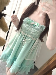 LIZAKOSHT - Summer Sweet Loose Dress Set Women Design Elegant Bow Sling Lace Dresses Female Fashion Sleeveless Kawaii Lolita Outfits