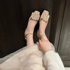 Lizakosht Naked Pink Lady Baotou Sandals Square Head Square Button French Thick Heel Single Shoes Mary Jane Shoes