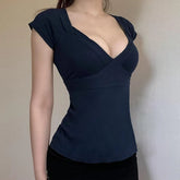 LIZAKOSHT - Bow Tie V Neck Short Sleeve T Shirts Women Clothing Summer Girls Tops