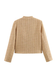 LIZAKOSHT - Vintage Women Elegant Tweed Golden Jacket Fashion Ladies Slim Single Breasted Jackets for Party Female Chic Outfits Cute