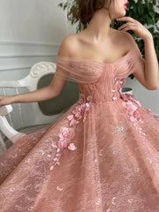 Lizakosht Off Shoulder Sweetheart 3D Flower Pleats Lace Pocket Tulle Prom Dresses Formal Wedding Party Gowns