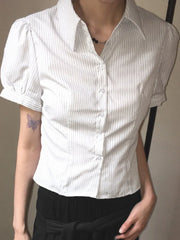 LIZAKOSHT - Y2k Clothes Short Blouses Puff Sleeve Spring Summer Vintage Women Shirts Japanese Style Versatile Stripes Blusas Mujer