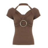 LIZAKOSHT - Metal Ring Decorate V-neck Top Fairycore Grunge Slim-fit Short Sleeve T-shirt Chic Elegant Streetwear Sexy Clothes New