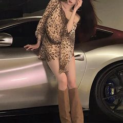 LIZAKOSHT - Street Style Women's Sexy Stylish Leopard Printed Irregular Long Flare Sleeves One-shoulder Backless High Waist Short Dress