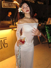 LIZAKOSHT - Summer White Sexy See Through Split Long Dresses Club Outfits Women Off Shoulder Hollow Out Cocktail Party Vestidos