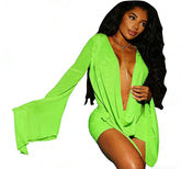 LIZAKOSHT - Elegant Flare Sleeve V Neck Ruched Sheer Mesh Short Dress Pink Holiday Outfits Beach Cover-Up Dress Night Out Vestidos D9WD