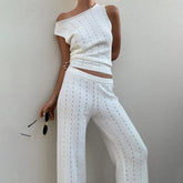 LIZAKOSHT - Summer Knitted Beach Sexy Two Piece Sets White Casual Lace Up Backless Outfit Sexy Slant Neck Sleeveless Top with Long Pants Set