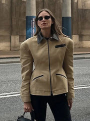 LIZAKOSHT  -  Casual Lapel Patchwork Coat Women Chic Long Sleeve Pockets Zipper Slim Fit Jacket 2025 Autumn Lady Daily Commute Outerwear