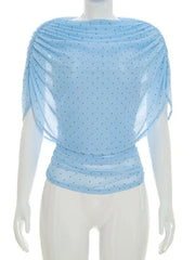 LIZAKOSHT - Women's Summer Polka Dot Print Shawl Tops High Street Ladies Fashion Sexy Folds Slim T-shirt Holiday Party Tee Shirts