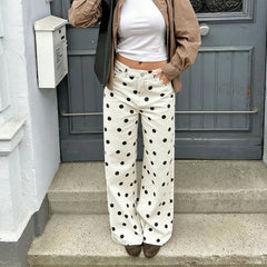 LIZAKOSHT - Women Polka Dot Wide Leg Jeans High Waisted Loose Fit Straight Leg Denim Pants Y2K Retro Trousers Preppy Streetwear