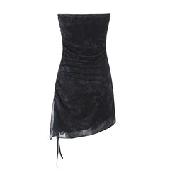 LIZAKOSHT  -  Sexy Women Vintage Floral Print Side Drawstring Ruched Asymmetrical Strapless Dress Summer Female Party Mini Robe