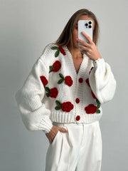 LIZAKOSHT - 3D Flower Knitted Cardigan Woman Loose Long Sleeves Single Breasted V-Neck Casual Coats Versatile Women's Early Autumn Cardigans