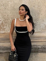 LIZAKOSHT - Fashion Pearl Patchwork Sling Dresses Women Elegant Solid Square Neck Sleeveless Slim Dress 2024 Lady Fashion Party Gown Robes