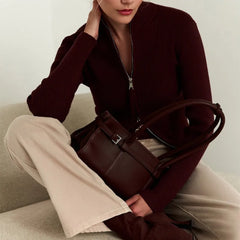 LIZAKOSHT - Skinny Knitwear Women's Fashion Zipper Slim Stand Collar High Waist Cardigan 2025 Female Ribbed Bottoming Jacket Office