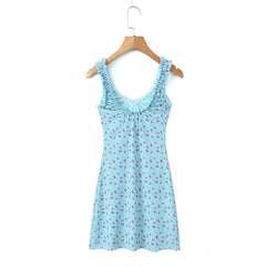 LIZAKOSHT - New French Retro Small Lace Floral Print V-neck Sleeveless Mesh Casual Dress