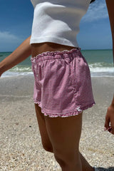 LIZAKOSHT - Pink Plaid Ruffles Straight Shorts Women Summer Two Buttons Bows High Waist Short Pant Female Casual Sweet Home Boxer Shorts New